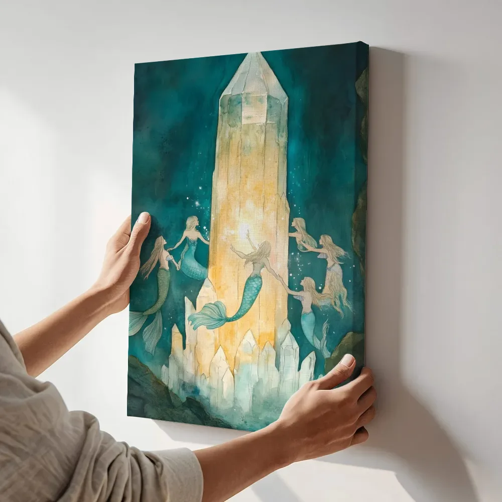 Sfeerimpressie: Zeemeerminnen bij kristallen obelisk terwijl het aan de muur wordt gehangen
