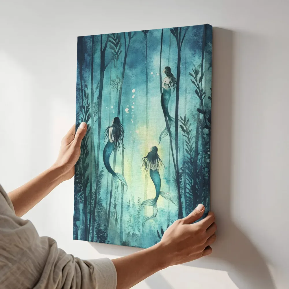 Sfeerimpressie: Zeemeerminnen in zeewierbos terwijl het aan de muur wordt gehangen