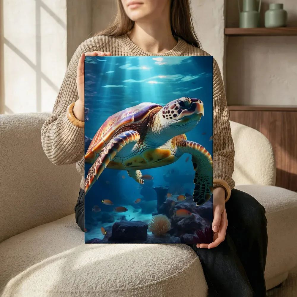Sfeerimpressie: Zeeschildpad met vissen terwijl het zittend wordt getoond