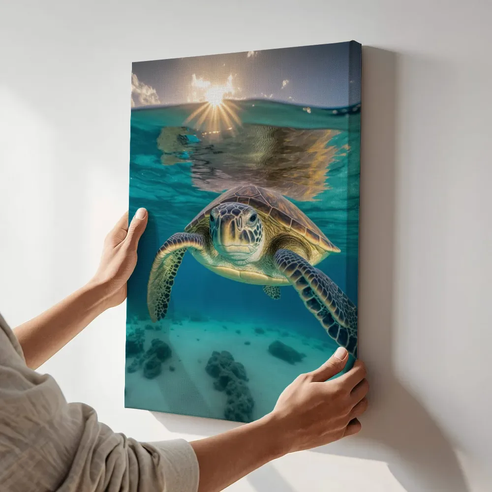 Sfeerimpressie: Zeeschildpad in helder turquoise water terwijl het aan de muur wordt gehangen