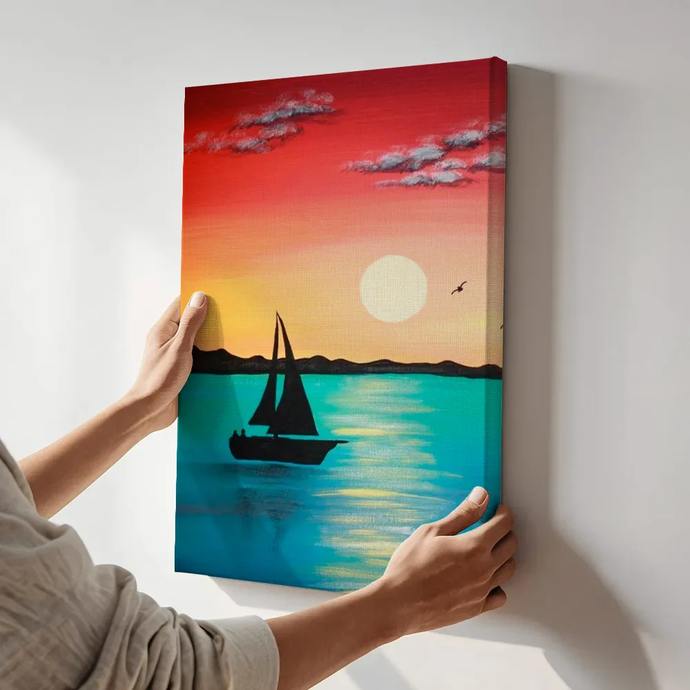 Sfeerimpressie: Zeilboot bij zonsondergang terwijl het aan de muur wordt gehangen