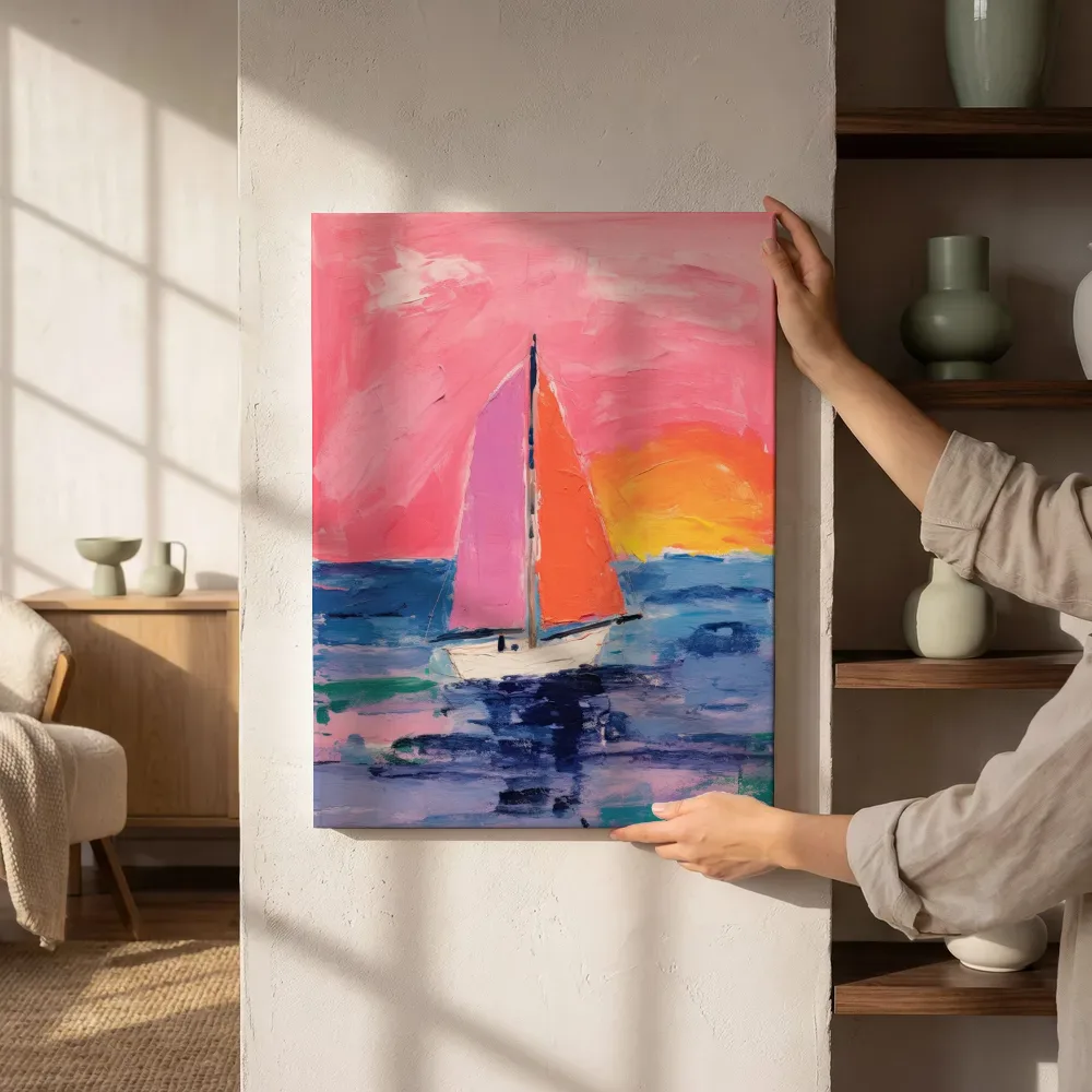 Sfeerimpressie: Zeilboot met roze en oranje zeilen bij zonsondergang naast de kast
