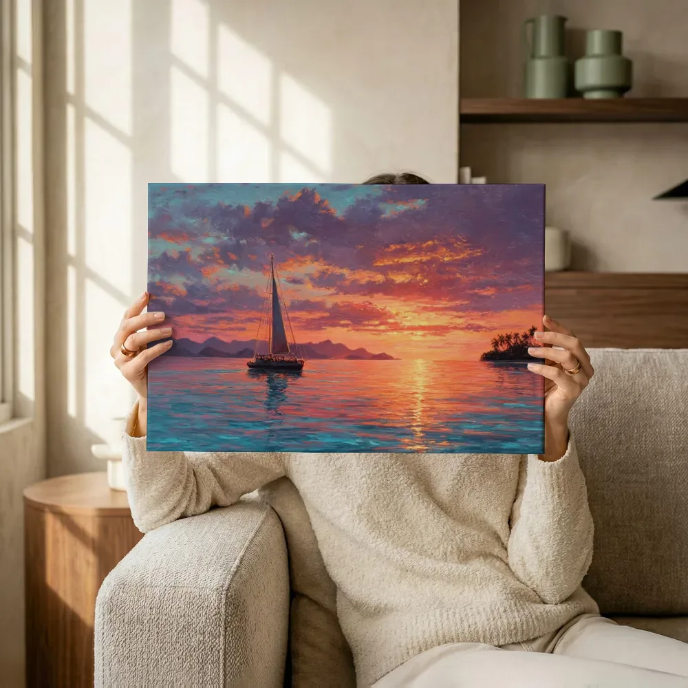 Sfeerimpressie: Zeilboot in avondgloed terwijl het omhoog wordt gehouden
