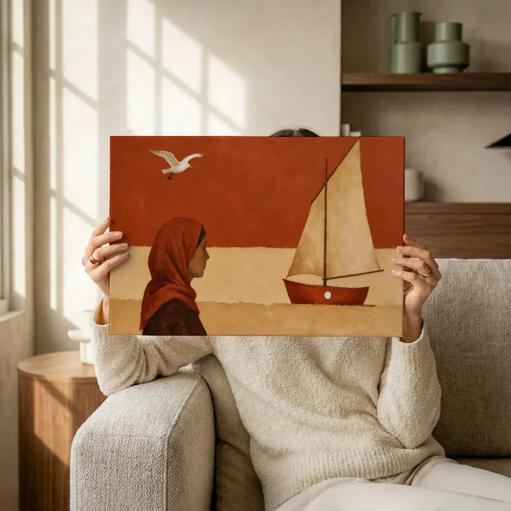 Sfeerimpressie: Zeilboot in terracotta en zand terwijl het omhoog wordt gehouden