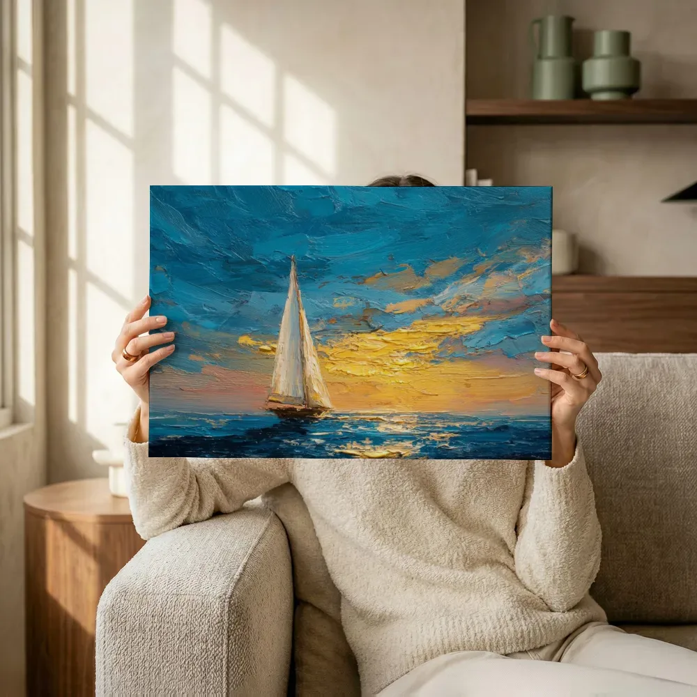 Sfeerimpressie: Zeilboot in turquoise zonsondergang terwijl het omhoog wordt gehouden
