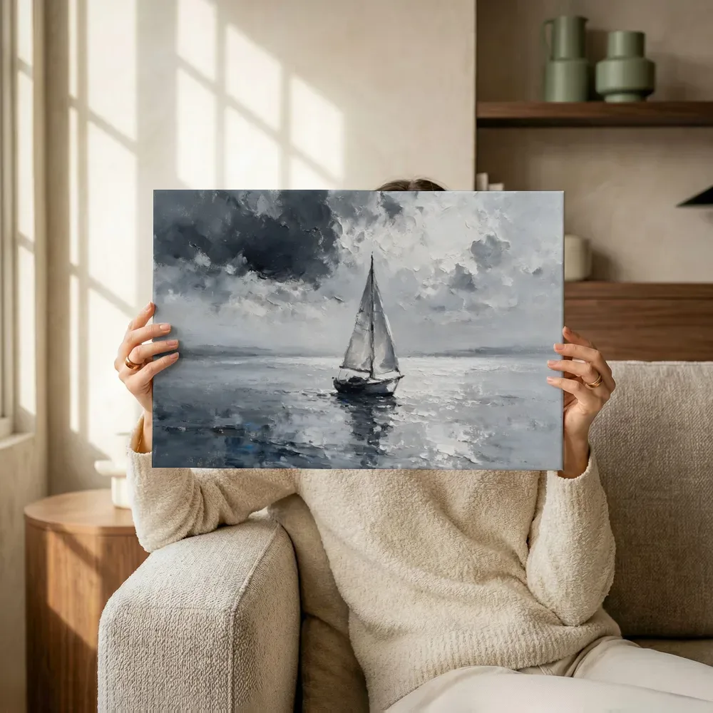Sfeerimpressie: Zeilboot met oplossende randen in zilver terwijl het omhoog wordt gehouden