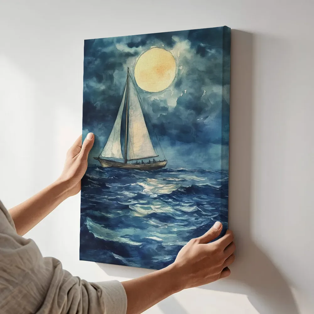 Sfeerimpressie: Zeilboot onder volle maan terwijl het aan de muur wordt gehangen