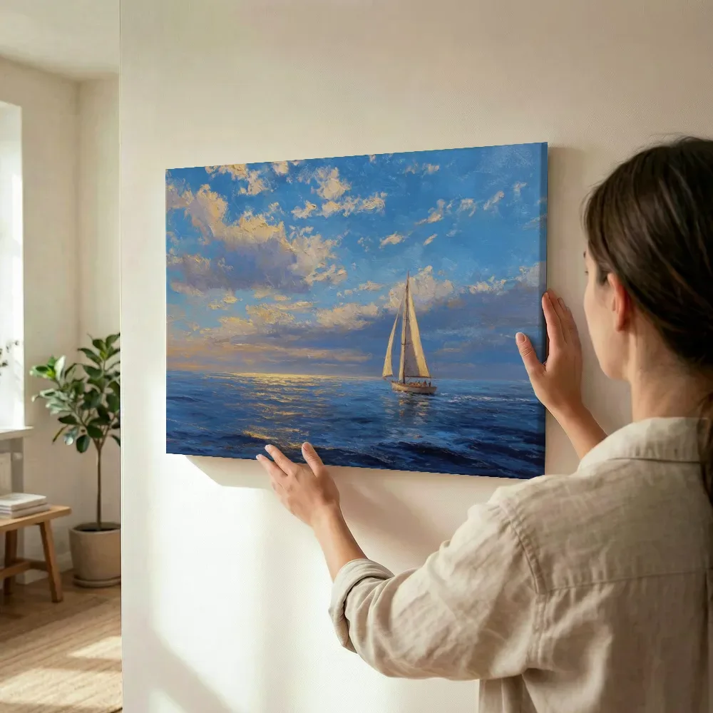 Sfeerimpressie: Zeilboot op diepblauwe zee bij zonsondergang terwijl het omhoog wordt gehouden