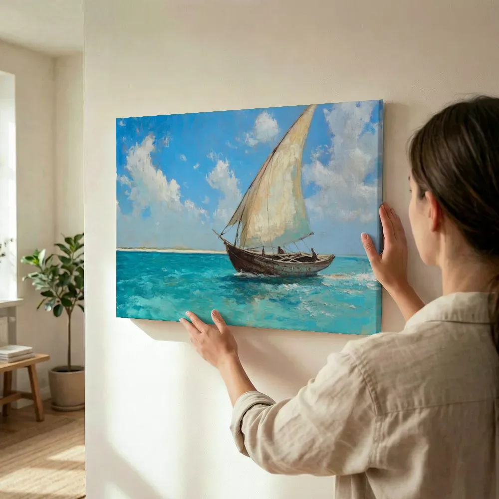 Sfeerimpressie: Zeilboot op turquoise zee terwijl het wordt opgehangen