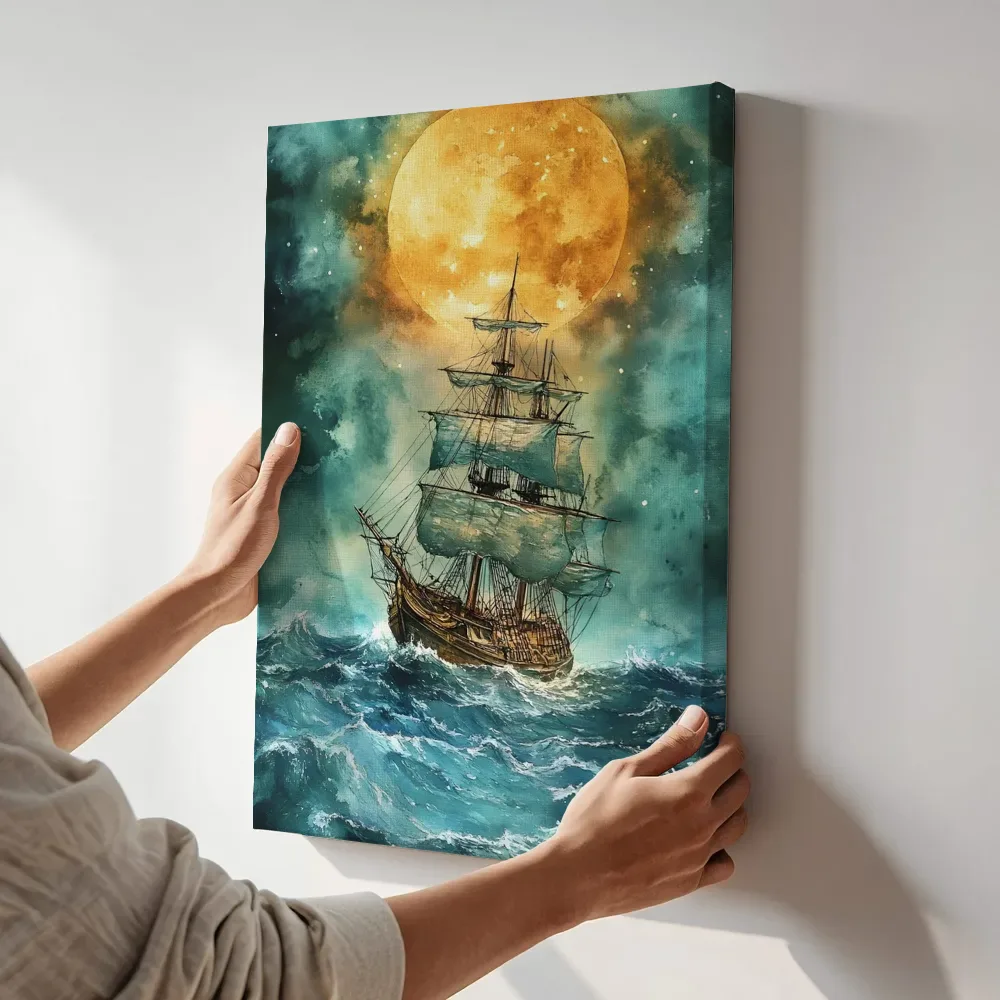 Sfeerimpressie: Zeilschip onder gouden volle maan terwijl het aan de muur wordt gehangen