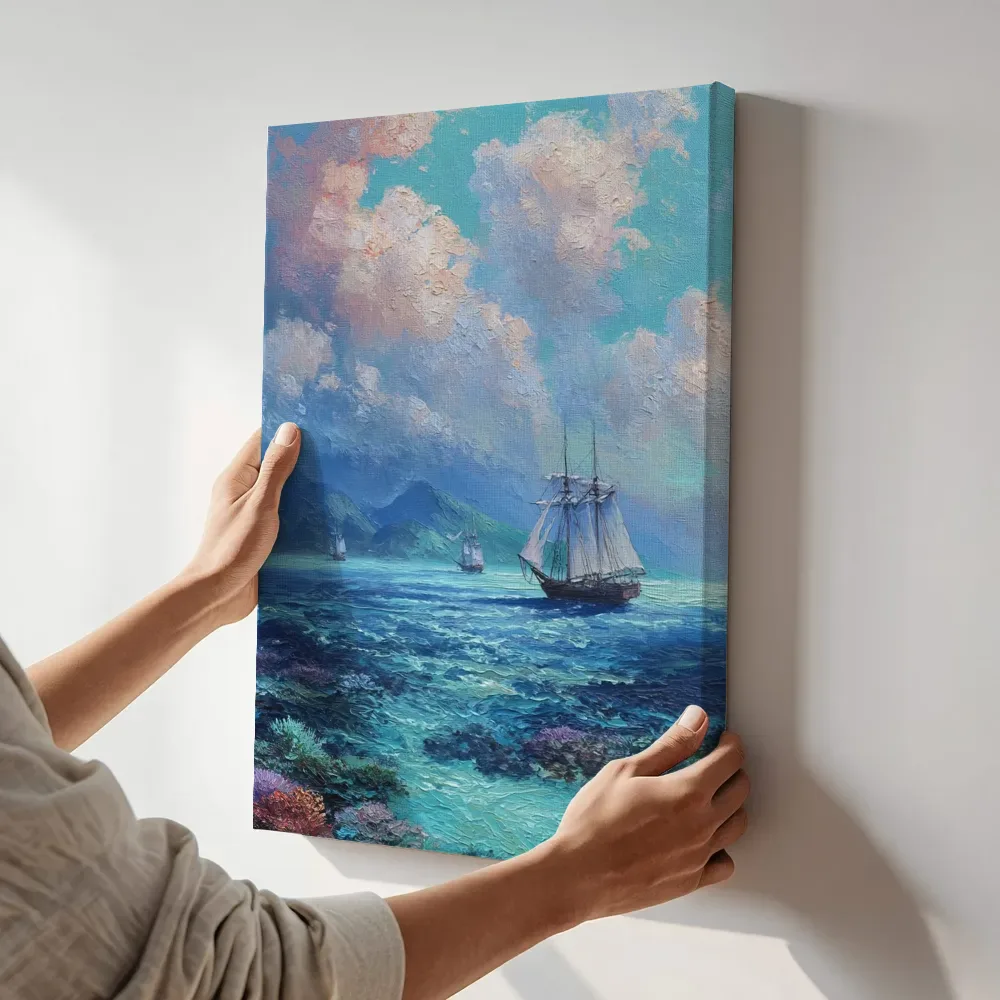 Sfeerimpressie: Zeilschip tussen hemel en koraalrif terwijl het aan de muur wordt gehangen