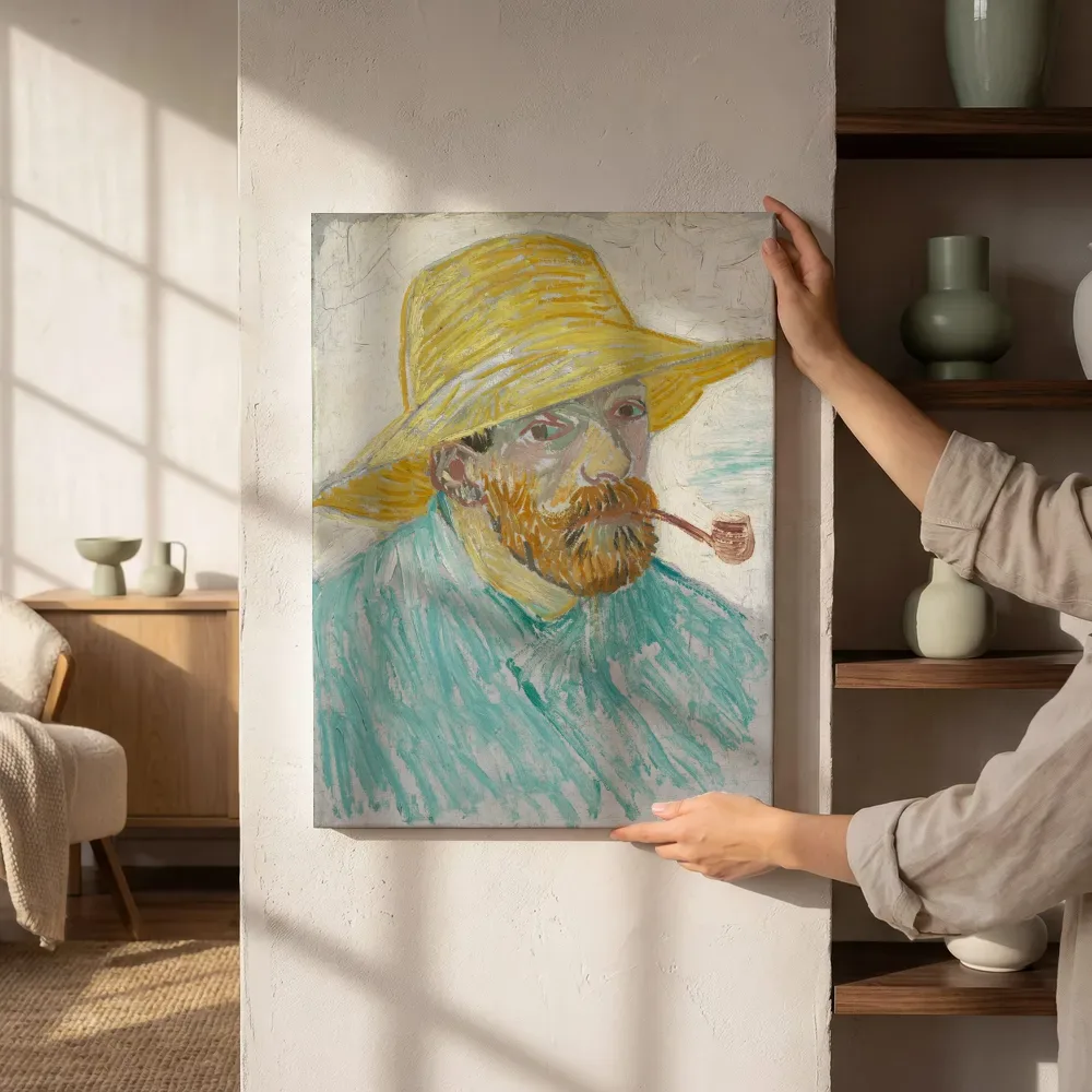Sfeerimpressie: Zelfportret met pijp en strohoed van Vincent van Gogh naast de kast