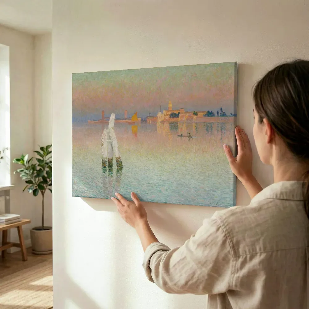 Sfeerimpressie: Zicht op Murano van Emile Claus terwijl het wordt opgehangen