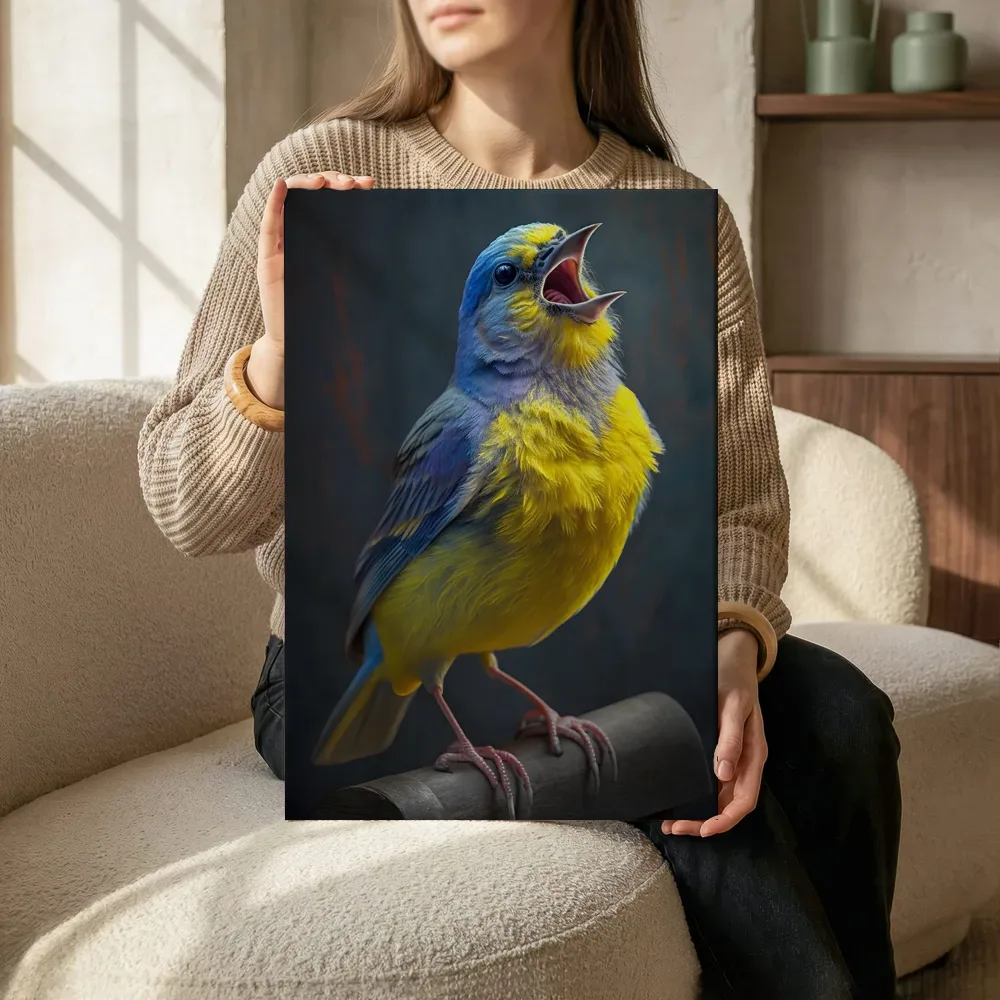 Sfeerimpressie: Zingende blauwgele vogel terwijl het zittend wordt getoond