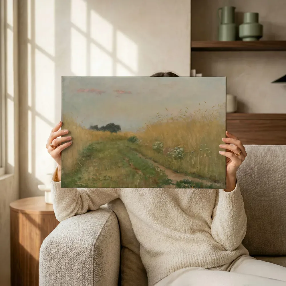 Sfeerimpressie: Zomerlandschap, korenveld van Emile Claus terwijl het omhoog wordt gehouden