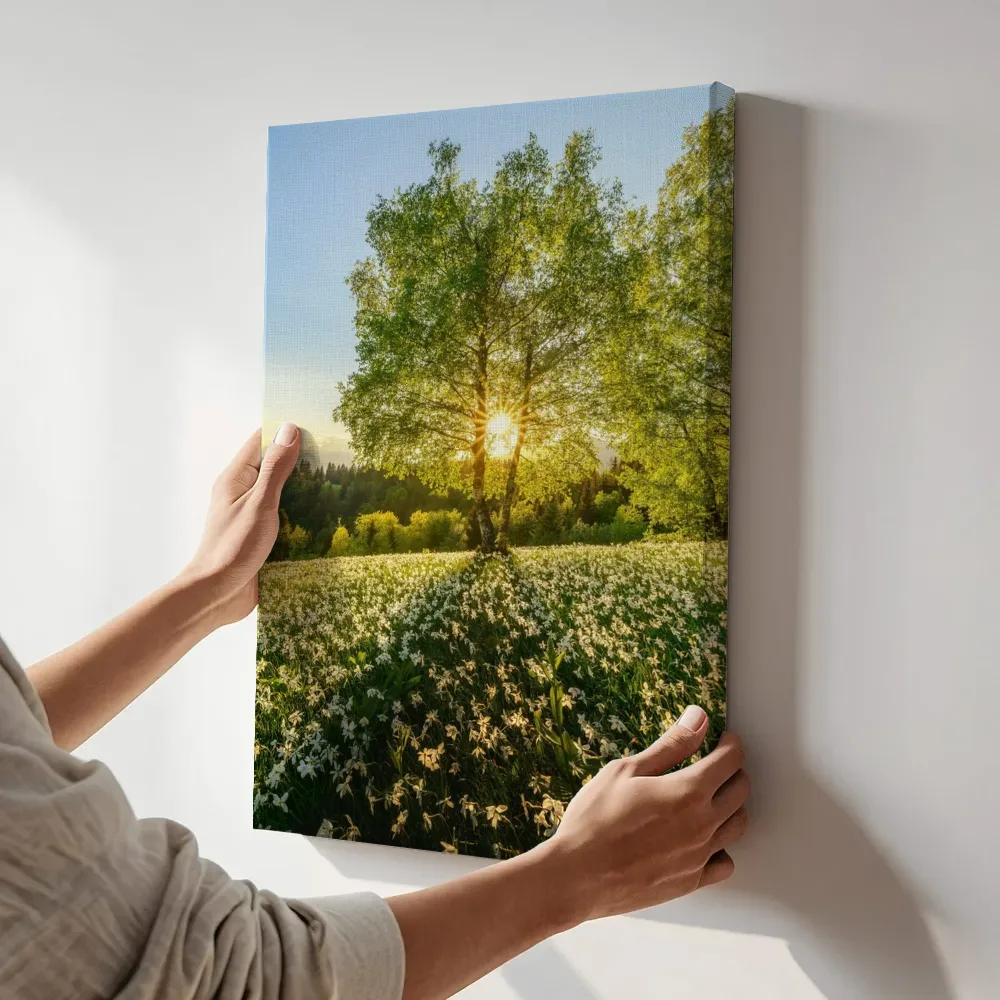 Sfeerimpressie: Zonlicht door de berkenboom terwijl het aan de muur wordt gehangen