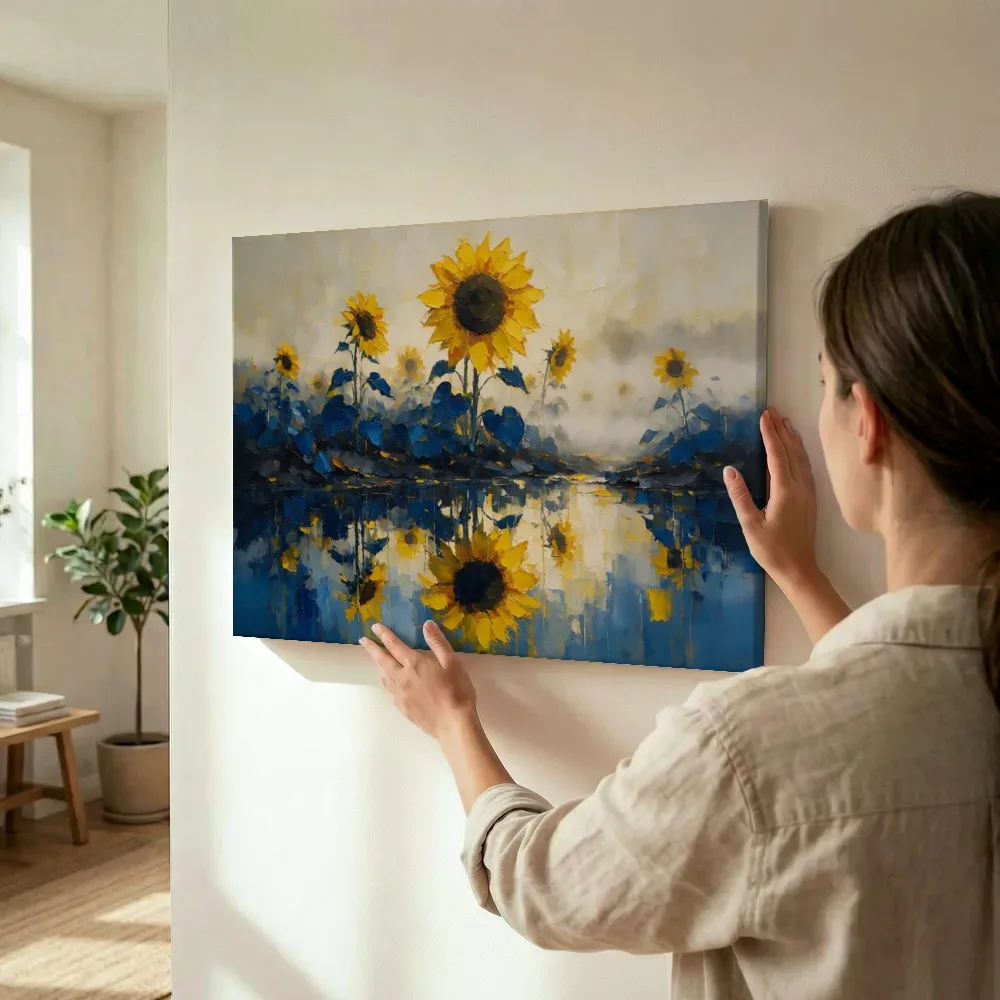 Sfeerimpressie: Zonnebloem aan de oever in blauwgeel terwijl het wordt opgehangen