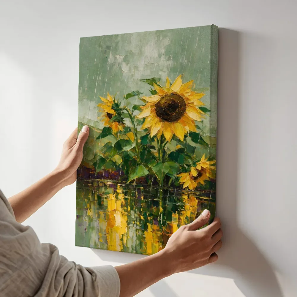 Sfeerimpressie: Zonnebloem aan de oever in bosgroen terwijl het aan de muur wordt gehangen