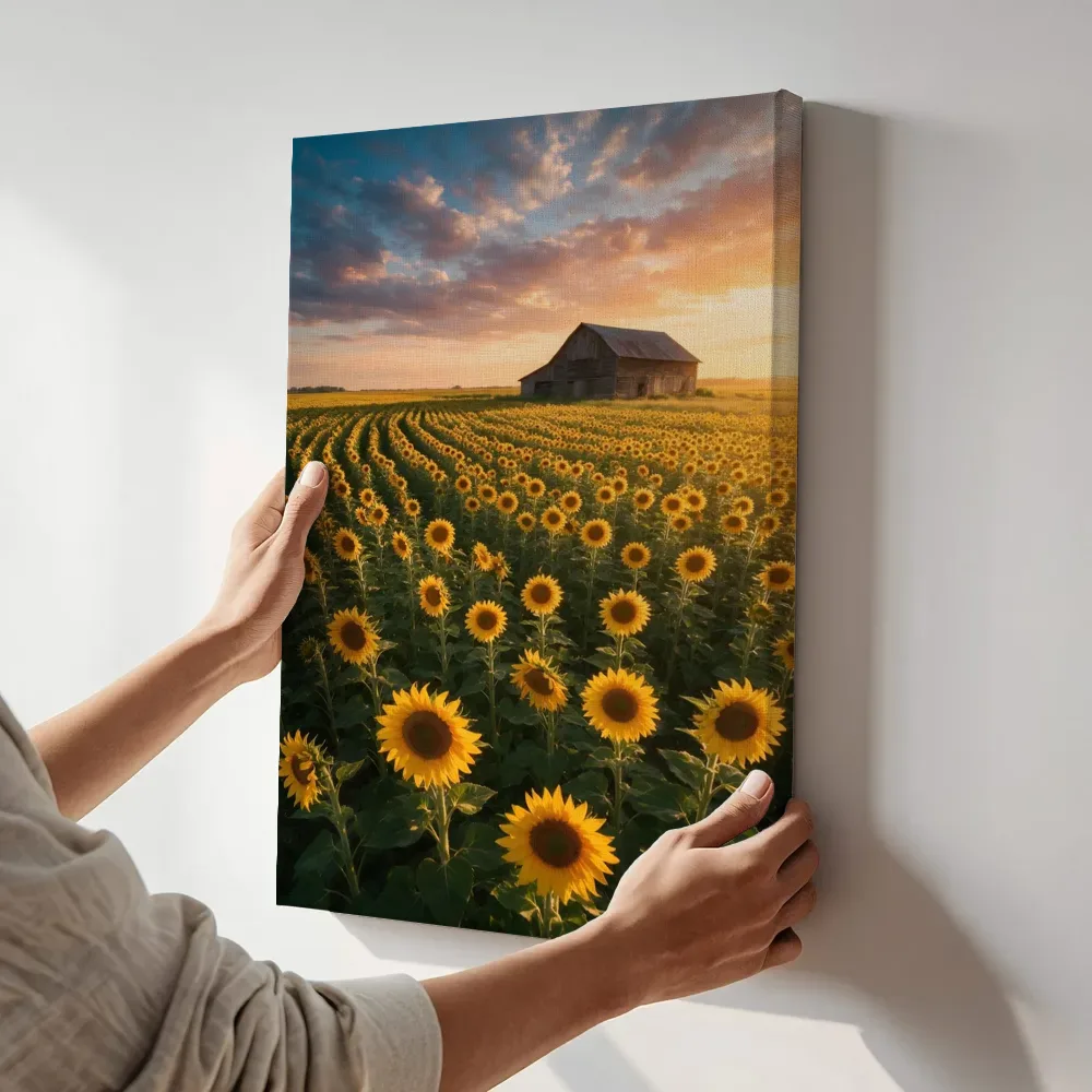 Sfeerimpressie: Zonnebloem bij het gouden uur 12 terwijl het aan de muur wordt gehangen