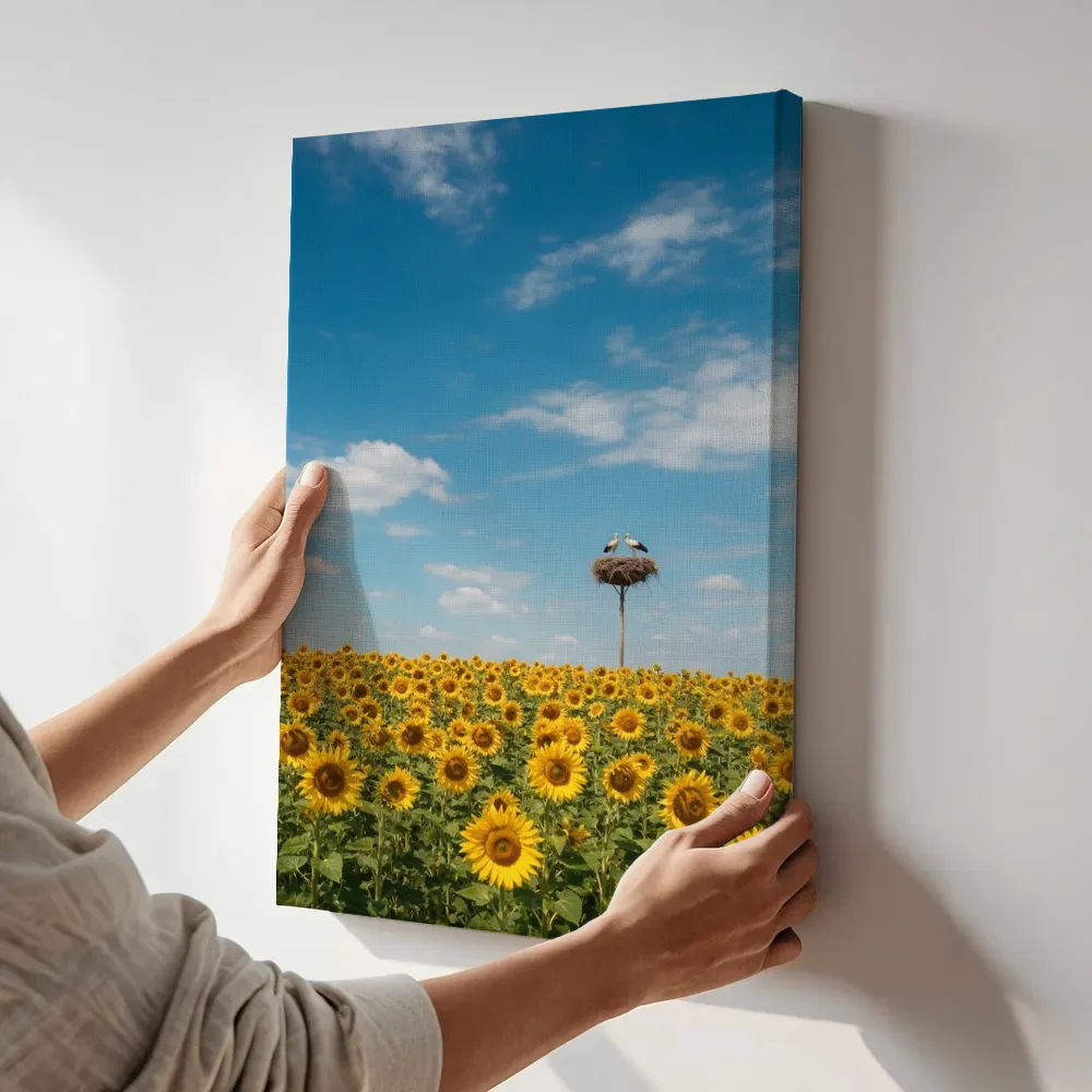 Sfeerimpressie: Zonnebloem bij volle zon 16 terwijl het aan de muur wordt gehangen