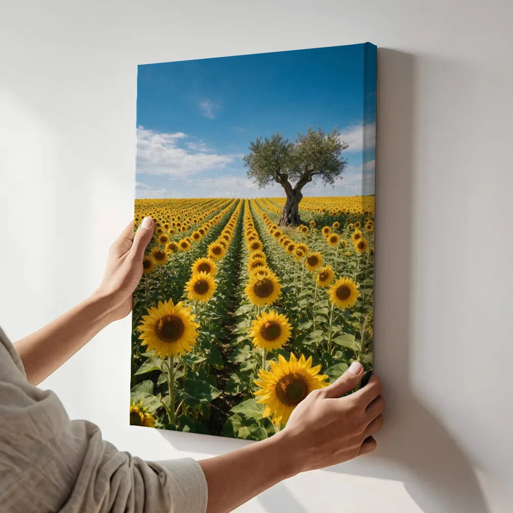 Sfeerimpressie: Zonnebloem bij volle zon 3 terwijl het aan de muur wordt gehangen