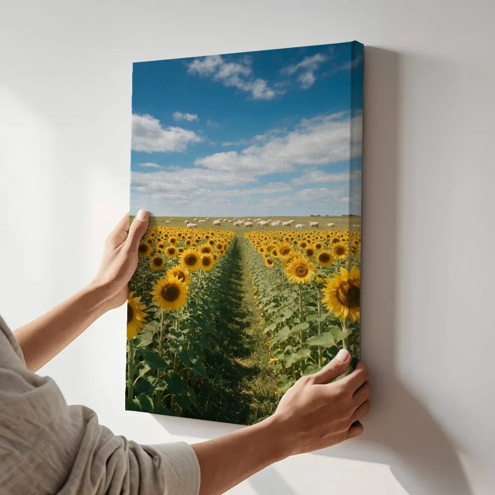 Sfeerimpressie: Zonnebloem bij volle zon 6 terwijl het aan de muur wordt gehangen