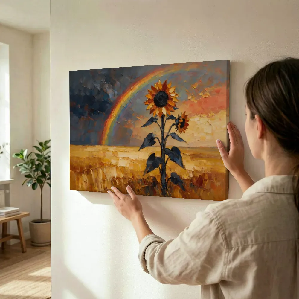 Sfeerimpressie: Zonnebloem in antracietkoraal terwijl het wordt opgehangen