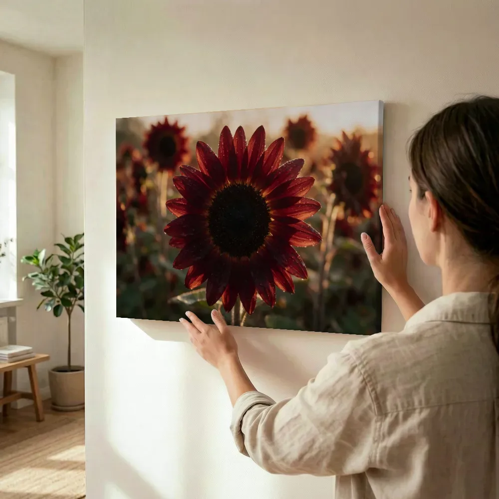 Sfeerimpressie: Zonnebloem in dauw, gouden gloed, diep bordeauxrood terwijl het wordt opgehangen