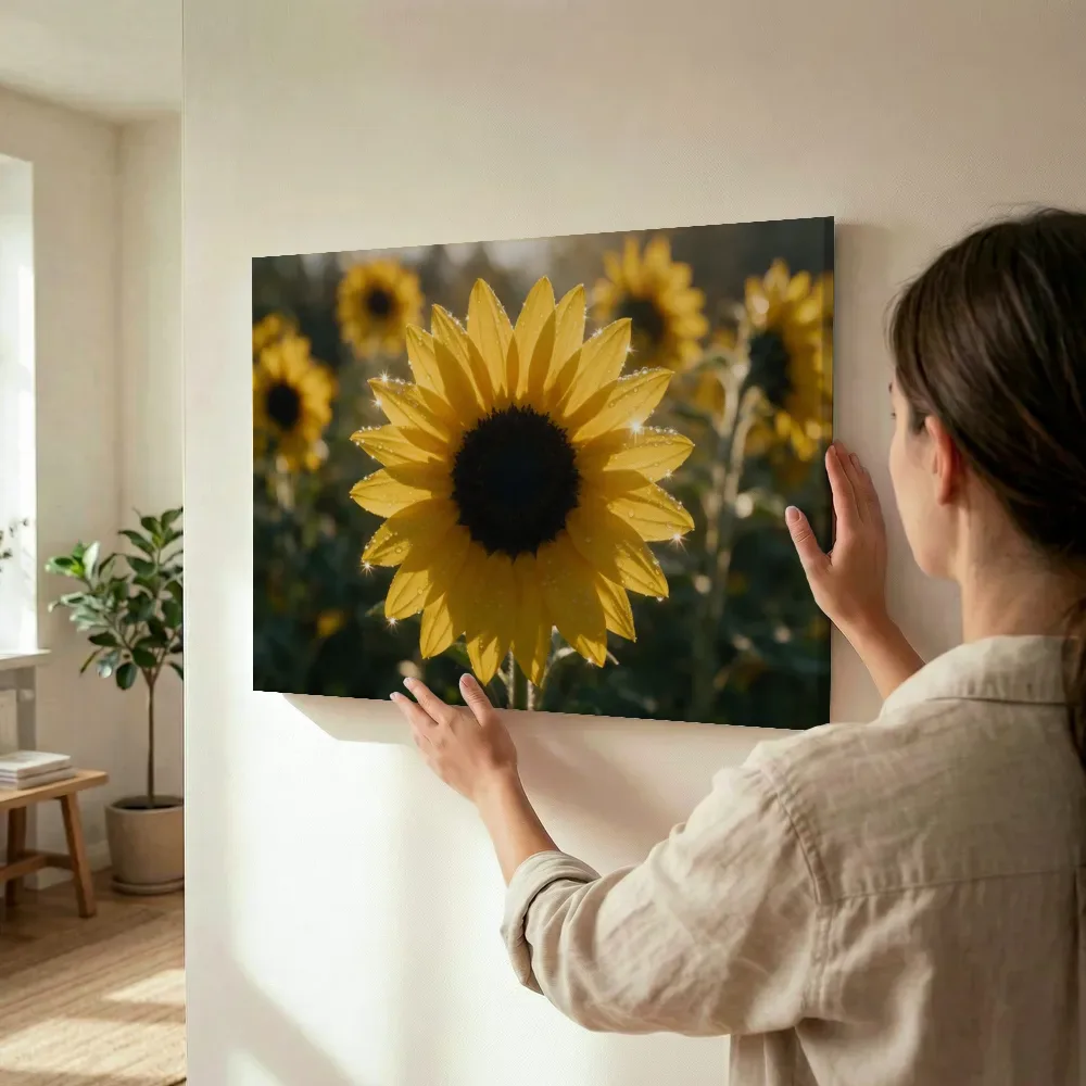 Sfeerimpressie: Zonnebloem in dauw, sterrenglans, klassiek goudgeel 2 terwijl het wordt opgehangen
