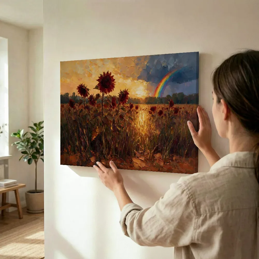 Sfeerimpressie: Zonnebloem in de weide in bordeaux terwijl het wordt opgehangen