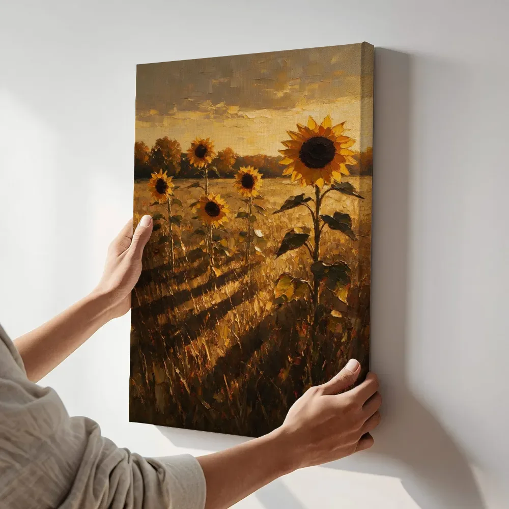 Sfeerimpressie: Zonnebloem in de weide in saffraan terwijl het aan de muur wordt gehangen