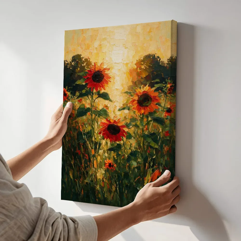 Sfeerimpressie: Zonnebloem in de weide in vuur terwijl het aan de muur wordt gehangen