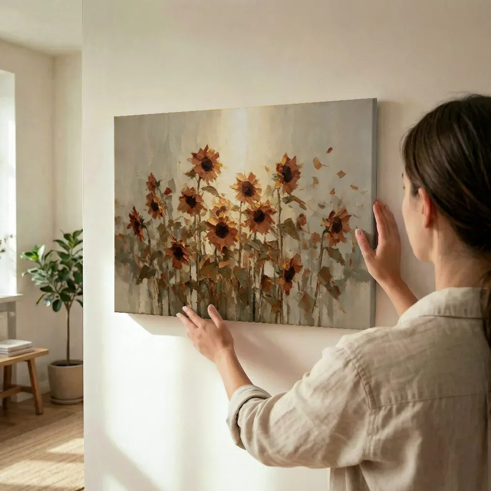 Sfeerimpressie: Zonnebloem in groepjes in terracotta terwijl het wordt opgehangen