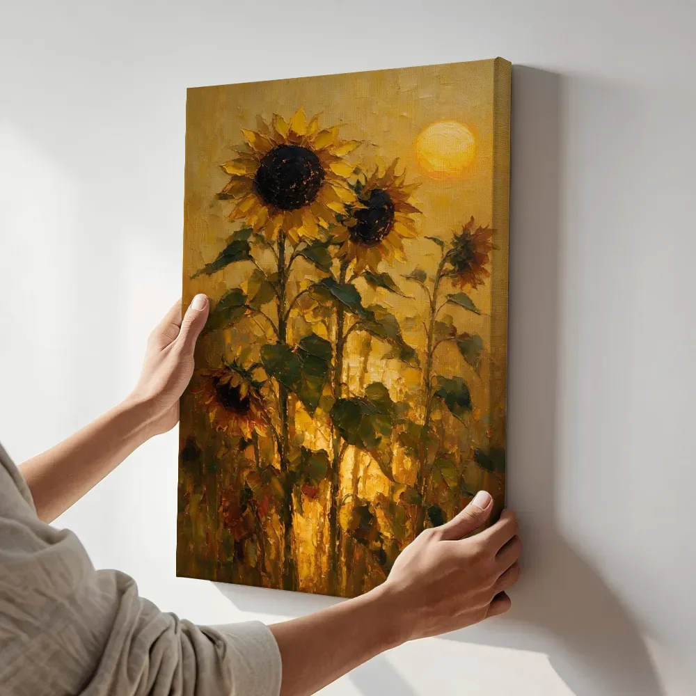 Sfeerimpressie: Zonnebloem in groepjes in zwartgoud terwijl het aan de muur wordt gehangen