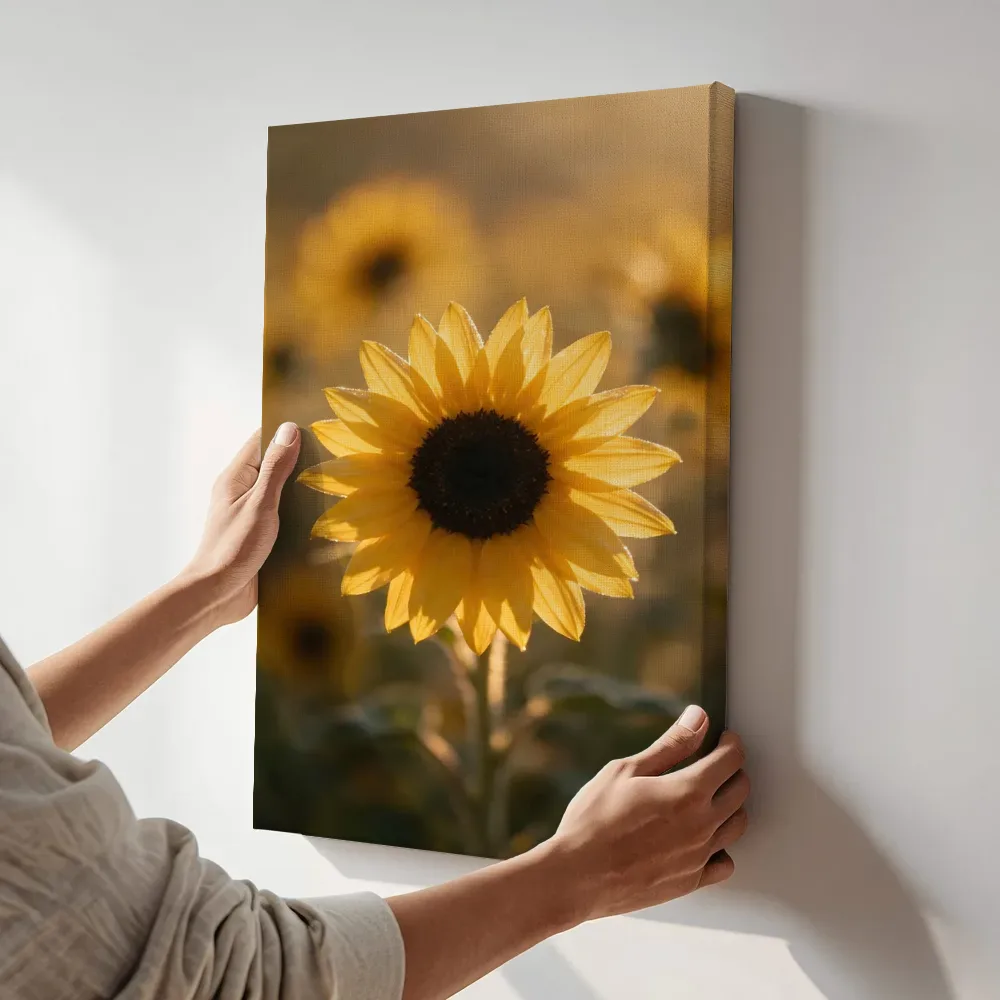 Sfeerimpressie: Zonnebloem in het gouden uur 2 terwijl het aan de muur wordt gehangen