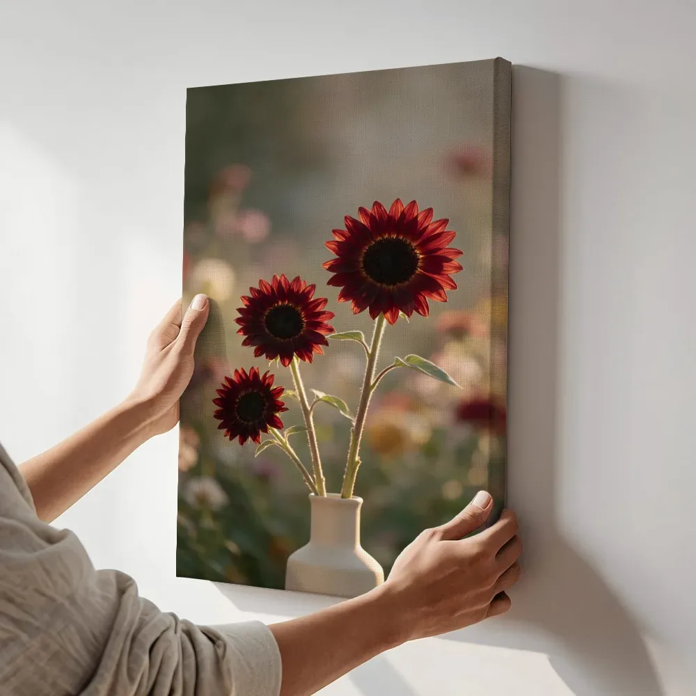 Sfeerimpressie: Zonnebloem in het gouden uur, diep bordeauxrood 2 terwijl het aan de muur wordt gehangen