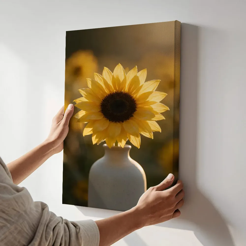 Sfeerimpressie: Zonnebloem in het gouden uur, klassiek goudgeel 2 terwijl het aan de muur wordt gehangen