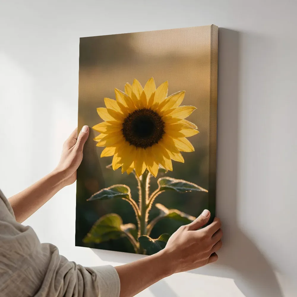 Sfeerimpressie: Zonnebloem in het gouden uur, klassiek goudgeel 5 terwijl het aan de muur wordt gehangen