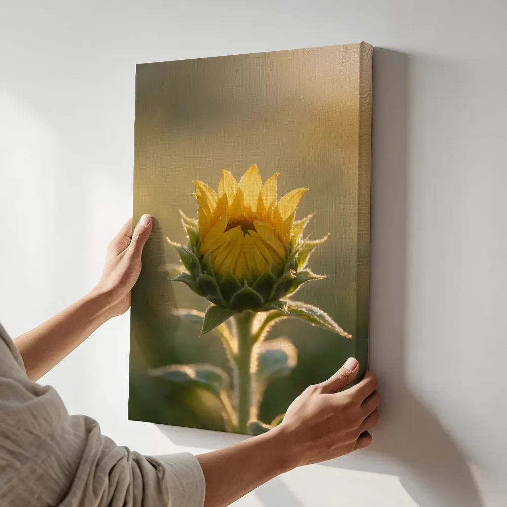 Sfeerimpressie: Zonnebloem in het gouden uur, klassiek goudgeel 8 terwijl het aan de muur wordt gehangen
