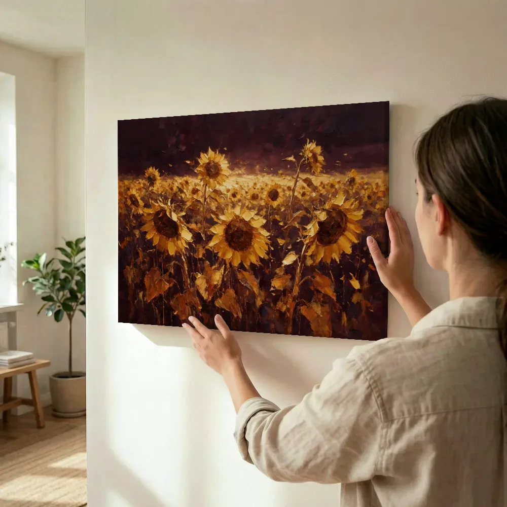 Sfeerimpressie: Zonnebloem in het landschap in goudoker terwijl het wordt opgehangen