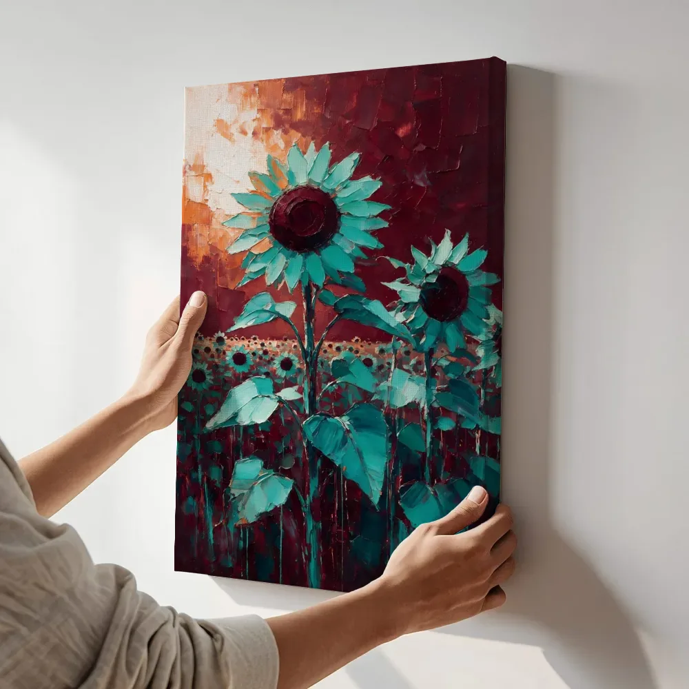 Sfeerimpressie: Zonnebloem in het landschap in turkoois terwijl het aan de muur wordt gehangen