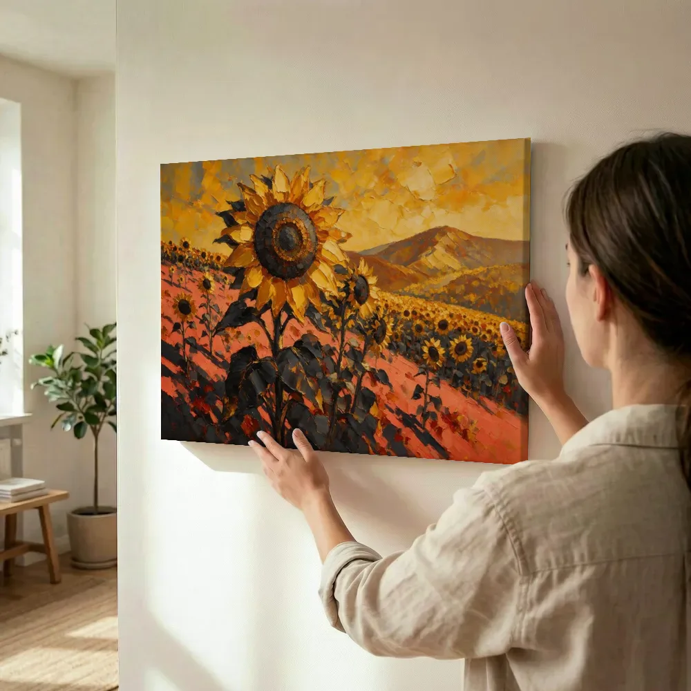 Sfeerimpressie: Zonnebloem op de helling in antracietkoraal terwijl het wordt opgehangen