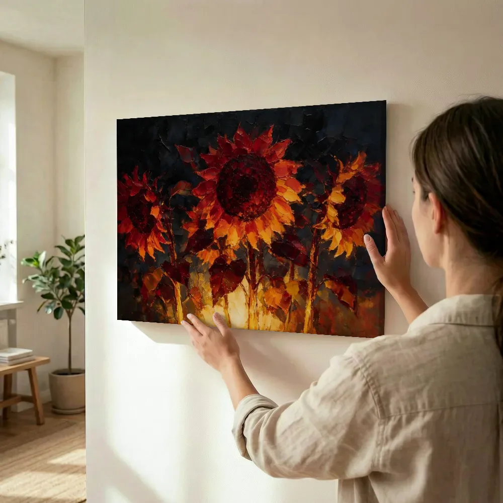 Sfeerimpressie: Zonnebloem van dichtbij in karmozijn terwijl het wordt opgehangen