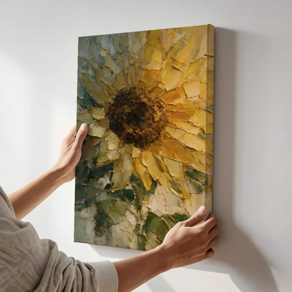 Sfeerimpressie: Zonnebloem van dichtbij in mosterd terwijl het aan de muur wordt gehangen