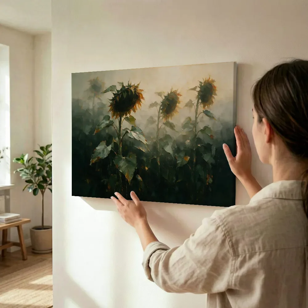 Sfeerimpressie: Zonnebloem van dichtbij in saliegrijs terwijl het wordt opgehangen