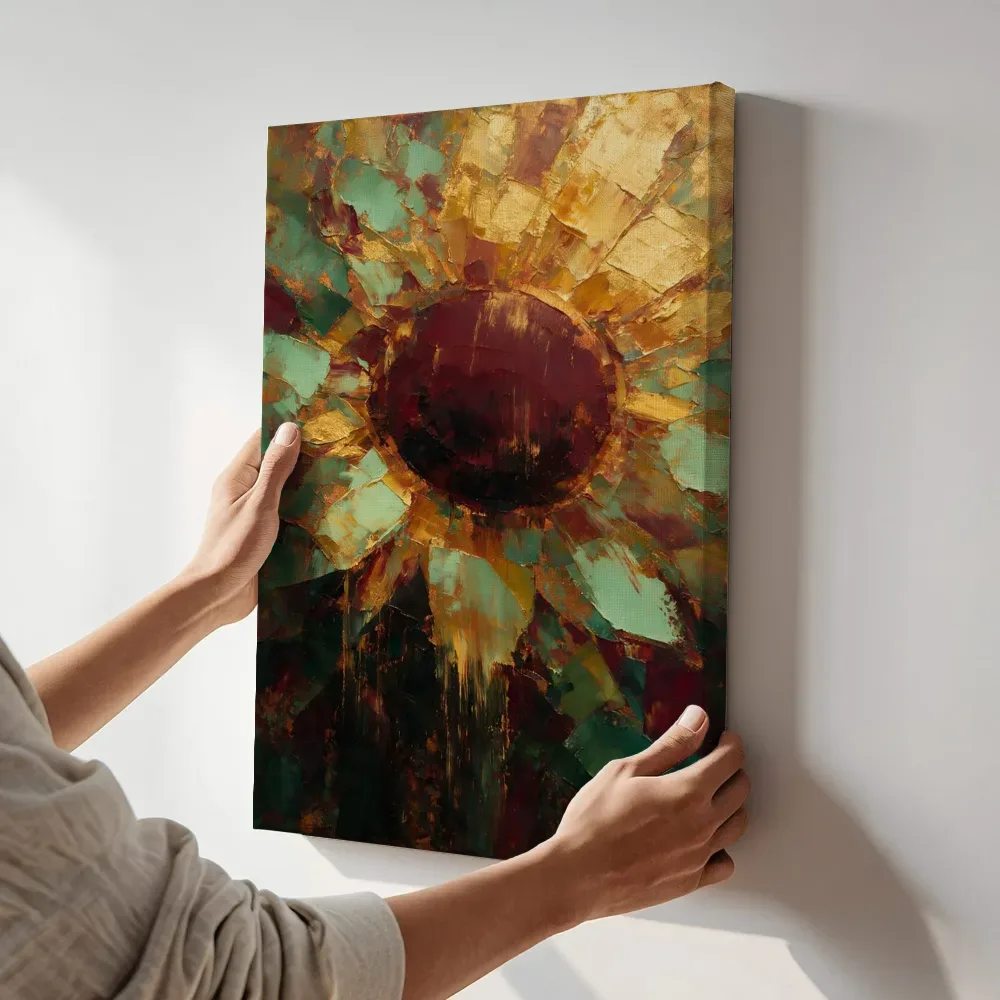 Sfeerimpressie: Zonnebloem van dichtbij in wijnmint terwijl het aan de muur wordt gehangen