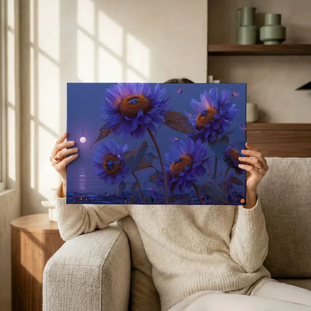 Sfeerimpressie: Zonnebloemen aan de nachtelijke oceaan terwijl het omhoog wordt gehouden
