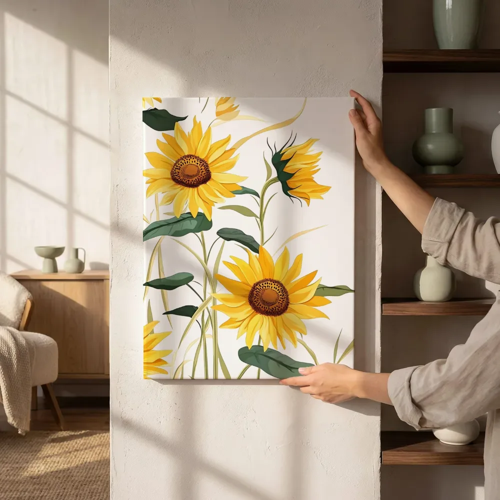 Sfeerimpressie: Zonnebloemen aquarel naast de kast