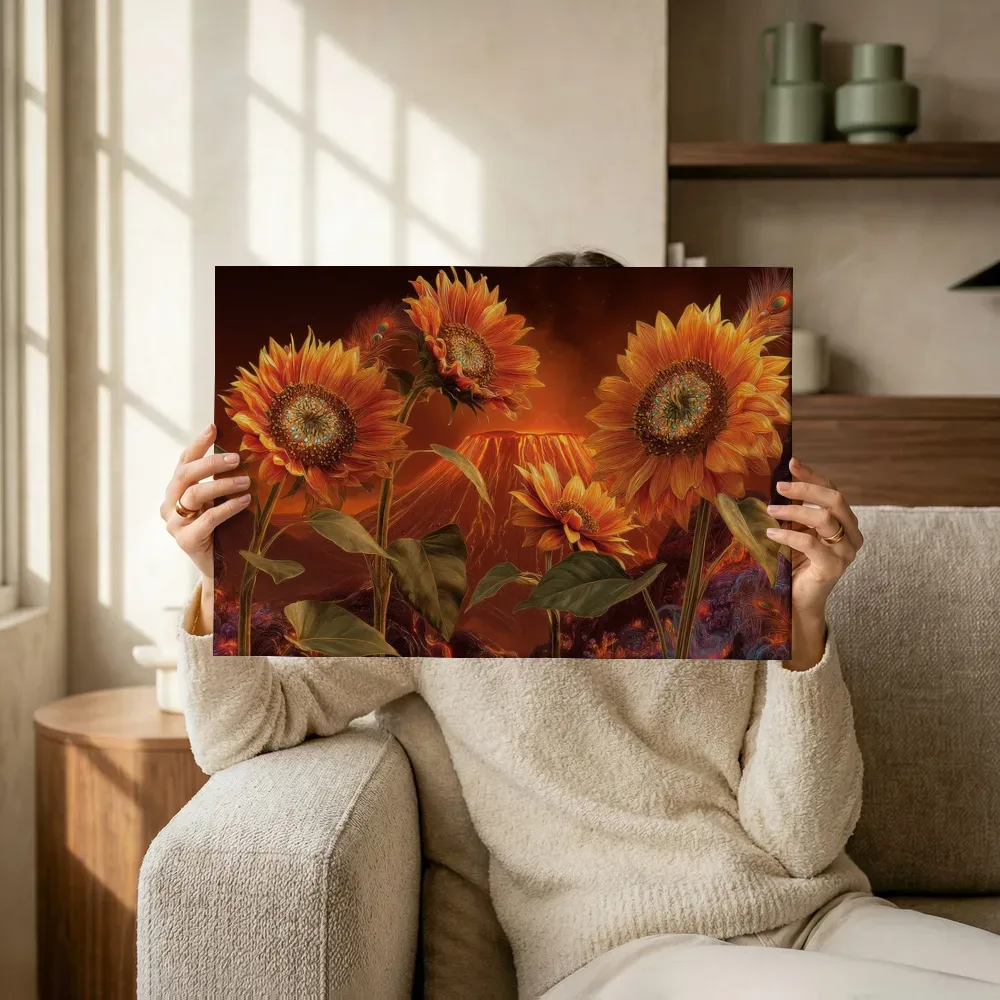 Sfeerimpressie: Zonnebloemen bij de krater terwijl het omhoog wordt gehouden
