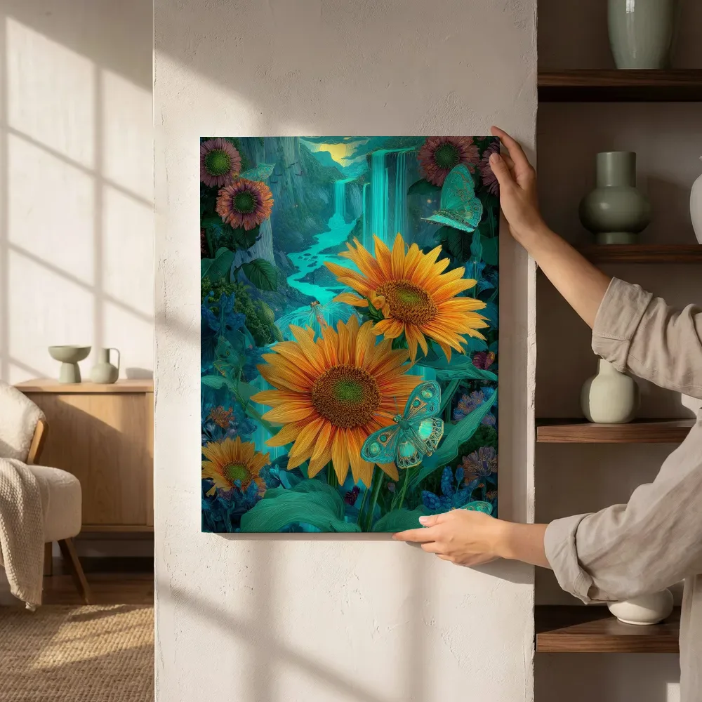 Sfeerimpressie: Zonnebloemen bij de turquoise waterval naast de kast